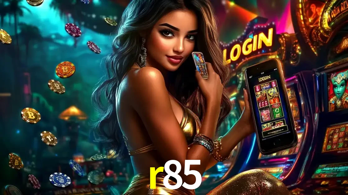 Mulher em um cenário de cassino temático de aventura, mostrando o app de caça-níqueis da r85 no celular. Fichas de apostas flutuam ao redor.