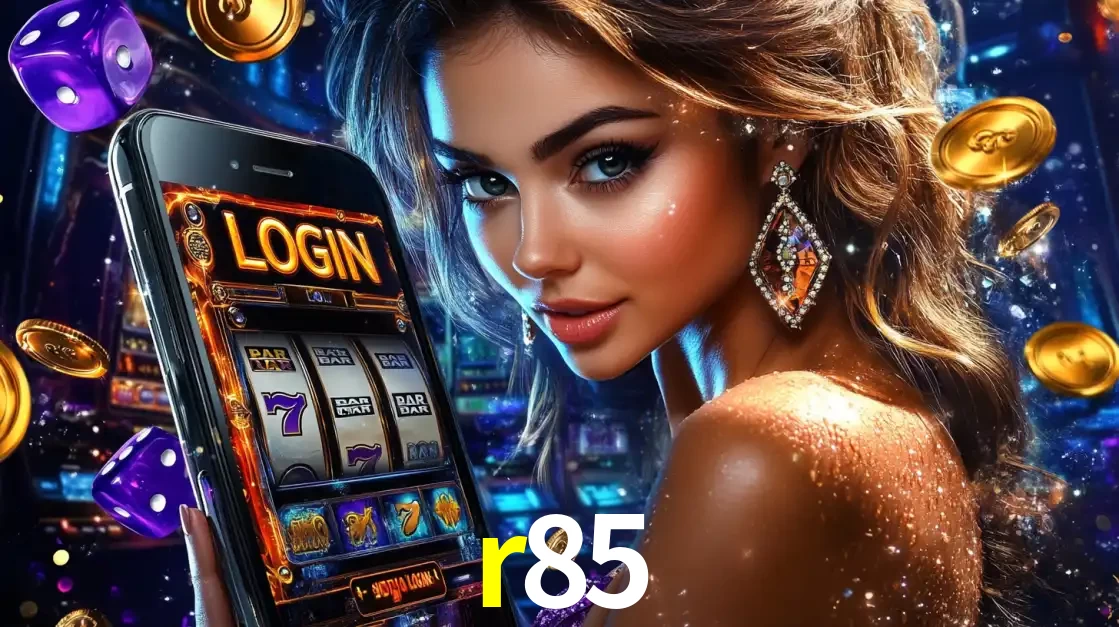Mulher glamorosa segurando um smartphone com a tela de login para os jogos de caça-níqueis do cassino online r85, com moedas de ouro e dados ao redor.