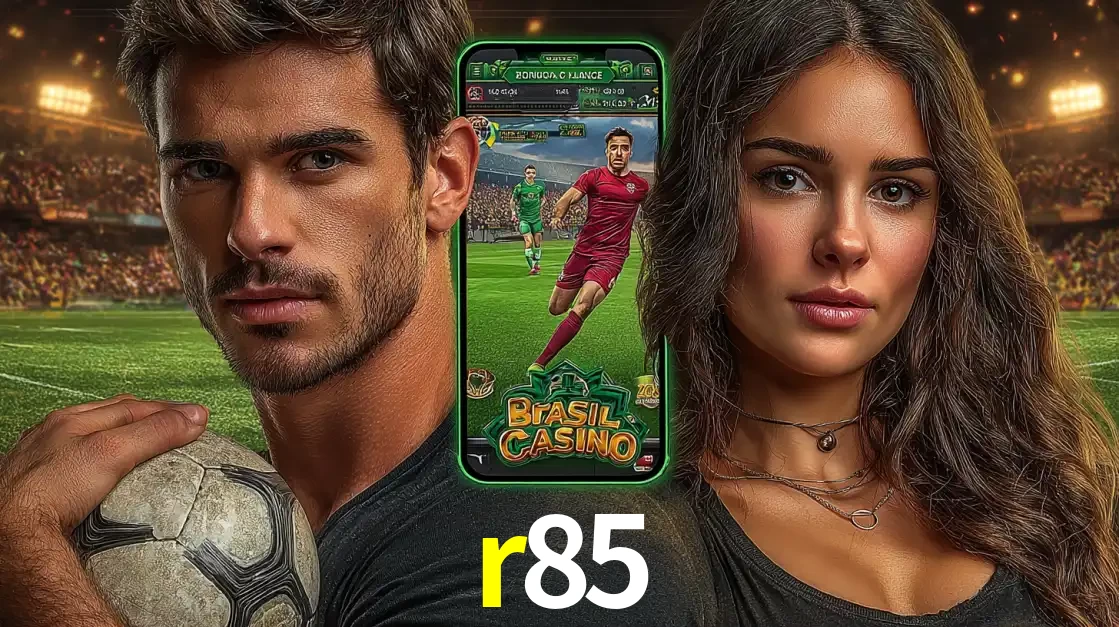 Homem segurando uma bola de futebol e uma mulher ao lado de um smartphone exibindo o jogo de apostas esportivas da r85. Faça seu palpite no cassino online.